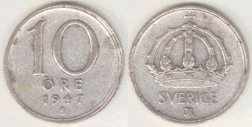 1947 Sweden silver 10 Ore A000017
